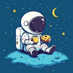 Astronaut enjoys coffee and cookie while sitting on the moon during a starry night