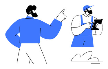 Manager giving direction while technician with tablet takes notes. Ideal for teamwork, leadership, guidance, project management, communication, workplace roles, decision-making. Simple flat metaphor