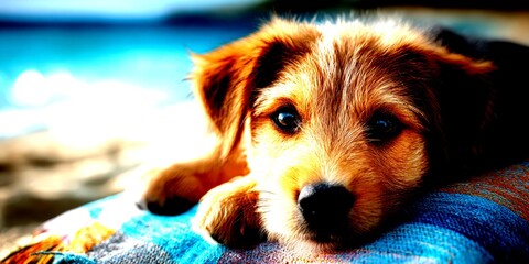 Adorable puppy relaxing on a colorful blanket by the beach during a sunny day - High Contrast