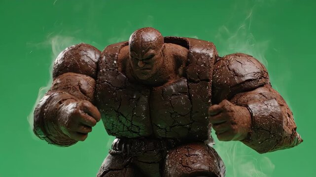 Fantastic food art showcasing a brownie brawler, the fudge fury dessert superhero on a chroma key greenscreen for powerful vfx