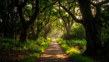 Sunlit path through a lush forest canopy