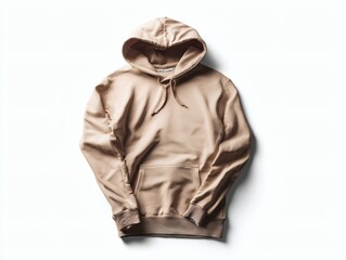 streetwear. Beige hoodie showcased on a clean white background, highlighting simplicity and modern style. lifestyle magazines.