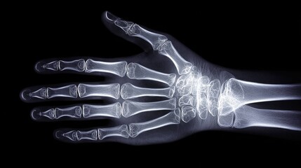 Naklejka premium Human Hand X-Ray – High-Resolution Radiology Image of Bones and Joints Isolated on Black Background