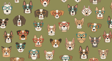 Obraz premium A charming, repeating pattern of diverse dog breeds wearing various colorful glasses, set against a solid green background