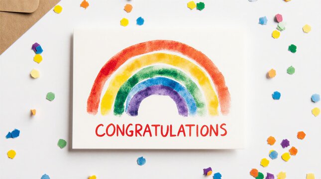 bright rainbow greeting card with watercolor texture and playful confetti background | celebration, greeting, birthday, encouragement, congratulations theme - Powered by Adobe