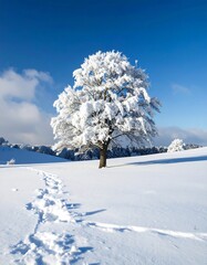 Snowy landscape with a lone tree