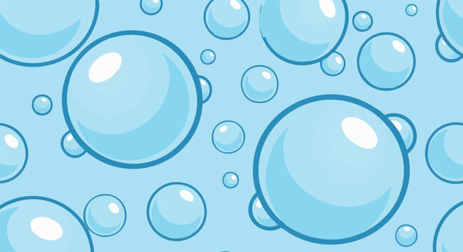 Seamless repeating pattern featuring cartoon style light blue soap bubbles floating on an aqua background