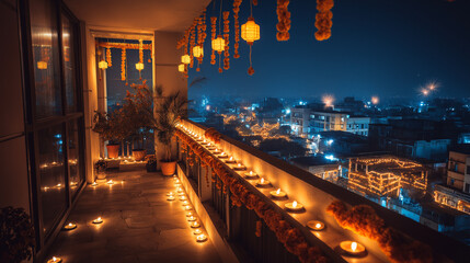 Obraz premium Diwali festival celebration lights candles lanterns india hinduism balcony cityscape night