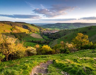 Fototapeta premium Panoramic valley view at sunset