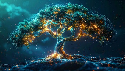 Stunning digital tree with glowing lights symbolizes growth, connection, and innovation in the modern era, perfect for tech and environmental projects