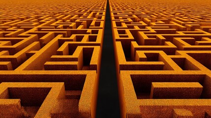 An orange labyrinth stretches into the distance with a dark chasm vertically slicing through the center