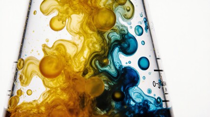 vivid swirling ink blend creating an artistic abstract pattern within a clear glass container | science, art, abstract, background, design theme