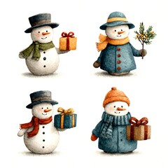 Various cheerful snowmen holding gifts and greenery in winter celebration