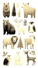 woodland and wildlife animals illustrated in a playful design featuring various species and trees
