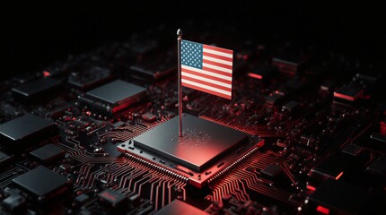 american flag embedded in a circuit board representing digital progress and innovation | technology, innovation, america, computing, progress theme