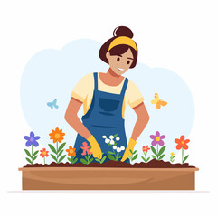 A woman in an apron digs in a raised garden bed, surrounded by colorful flowers. A clean, flat illustration perfect for gardening, nature, or lifestyle themes.