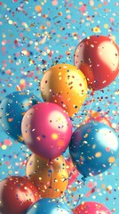 balloons float amidst confetti raining down in a celebration setting