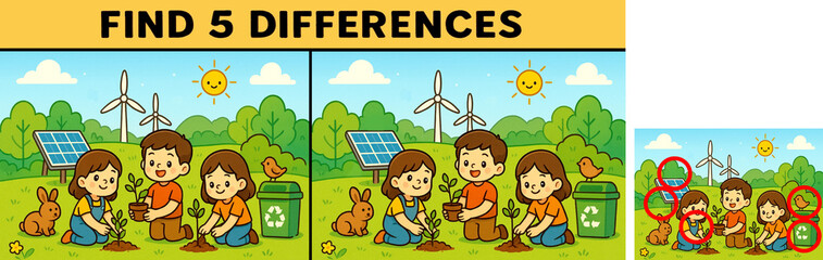 Find 5 Differences Ecology Puzzle Game Kids Planting Trees Recycling Solar Energy Wind Turbines Nature Conservation
