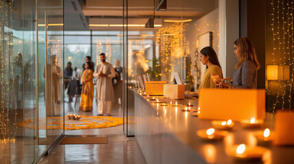 Celebrating diwali in office with candles and decorations for a festive atmosphere at work