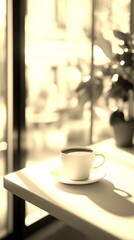 Coffee cup on a table in a cafe setting with soft sunlight filtering through the windows