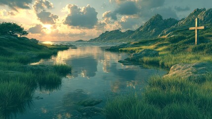 Scenic sunrise over a tranquil body of water surrounded by rocky hills and lush grass in a serene natural setting