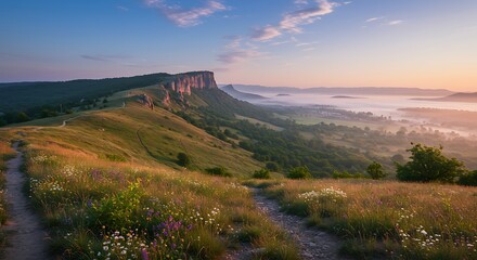 Scenic mountain landscape with trail sunrise and misty valley views