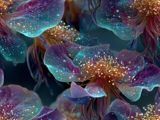 Vibrant Abstract Flowers with Glowing Details in Deep Blue Background