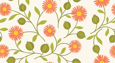 Seamless repeating floral pattern featuring bright coral flowers and stylized green berries on a cream background