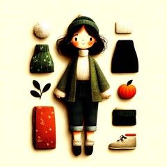 Cute fashion illustration of a girl in cozy autumn outfits with accessories on a neutral background - High Contrast