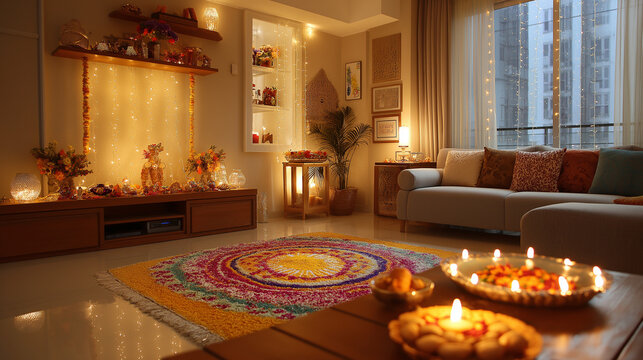 Cozy living room decor ideas: diwali festival decorations with lights and candles at home - Powered by Adobe