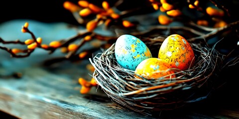 Colorful decorative eggs in a nest surrounded by spring branches displayed indoors - High Contrast