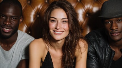 Three people sitting closely on a brown tufted leather couch smiling
