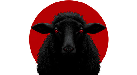 Dramatic portrait of a black sheep with glowing red eyes against a red circle backdrop