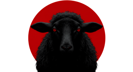 Dramatic portrait of a black sheep with glowing red eyes against a red circle backdrop
