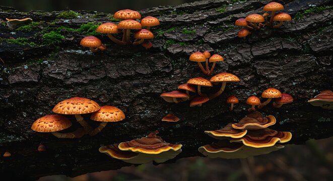 Close up of various mushrooms growing on a textured dark tree trunk