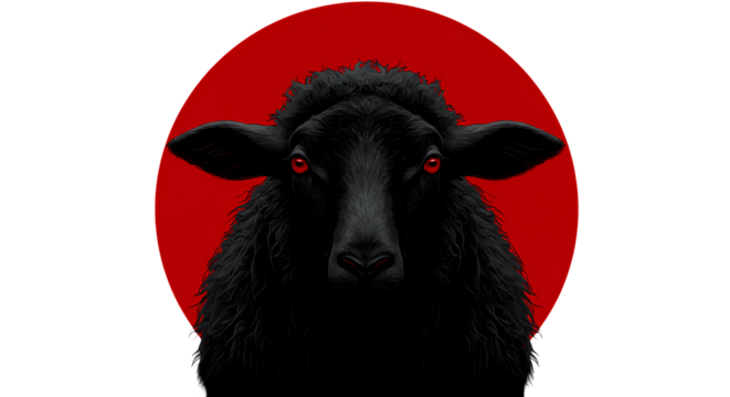 Dramatic portrait of a black sheep with glowing red eyes against a red circle backdrop