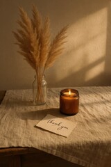 Warm ambiance with candlelight and dried flowers creates a cozy atmosphere in a serene setting