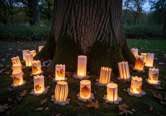 Warm candlelight illuminates autumn leaves near a large tree in the park at dusk