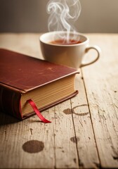 Warm cup of tea beside a brown book on a rustic wooden table in a cozy setting