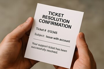Hands holding a ticket confirming issue resolution. 