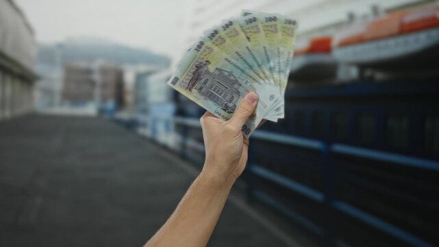 Man holding romanian banknotes at a seaside port with boats in the background, highlighting finance and currency themes in an outdoor setting.