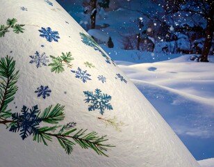Snowy landscape with snowflake and pine branch design
