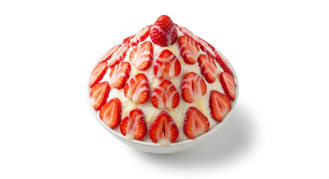 Delicious strawberry bingsu, korean shaved ice dessert, topped with fresh strawberries and condensed milk, isolated on