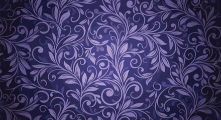 An elegant, seamless blue and purple floral ornamental pattern featuring intricate scrollwork and foliage