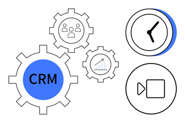 Fototapeta premium Cogs with CRM and graph, clock for time management, team, and video icon for collaboration. Ideal for business, workflow, automation, technology teamwork scheduling efficiency. Simple flat