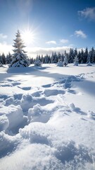 Snowy landscape with sunlit fir trees