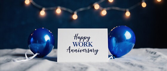 joyful work anniversary card with blue balloons and vibrant floral arrangement | workplace, corporate, congratulations, milestone, employee theme