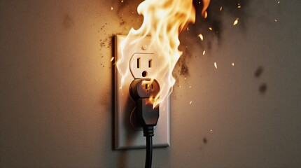 electrical outlet fire hazard, damaged wiring, home safety warning, dangerous sparks and flames | safety, warning, hazard, electricity, damage theme