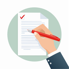 Close-up of a hand with a red pen editing a document, highlighting corrections on a sheet of paper against a neutral background.