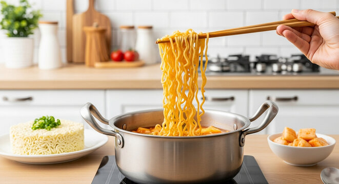 Hand uses chopsticks to lift steaming portion instant ramen noodles from pot, with side rice and shrimp, showcasing quick and delicious meal